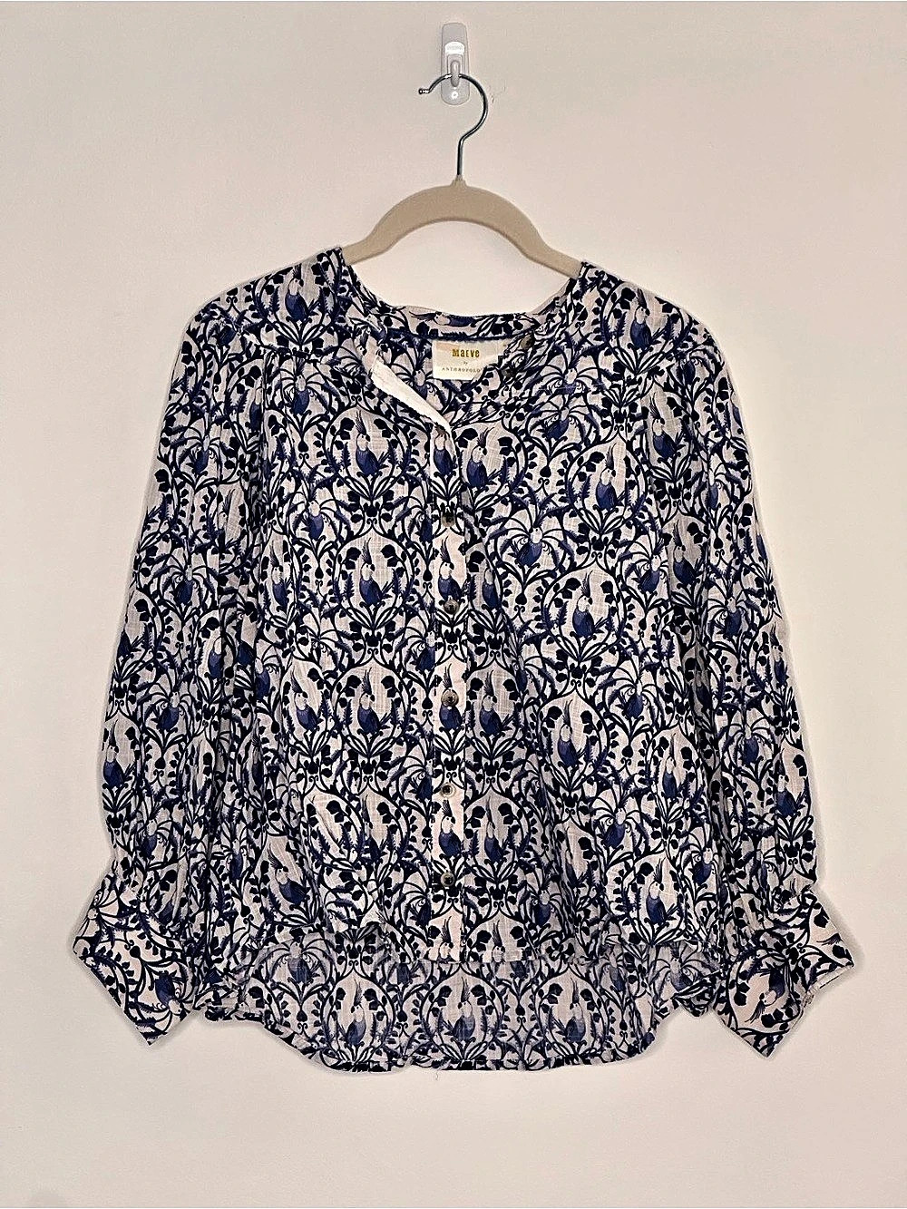 Maeve Floral Cotton Blouse in Blue & White Size Medium
